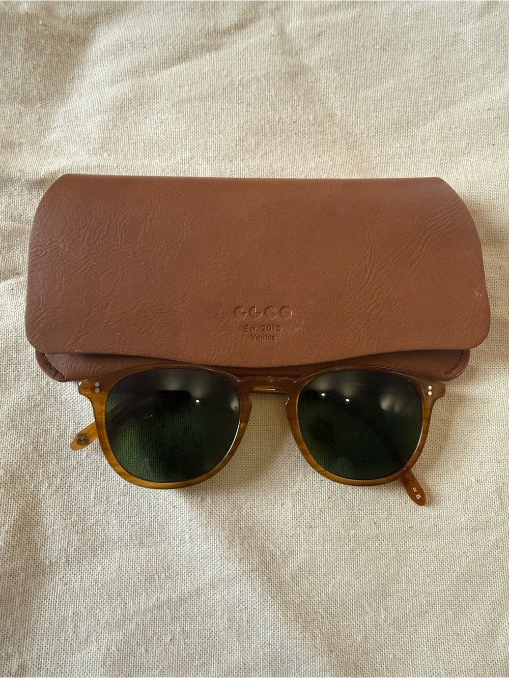 Oliver Peoples Brown Leather Case with Amber Frame Sunglasses